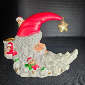 Vintage Santa Elves Celestial Crescent Moon Star Candle Holder